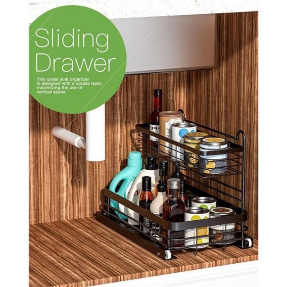 Sink Organizer and Storage, Under Sliding Cabinet Basket Organizer 2 Tire Black - Picture 2 of 7